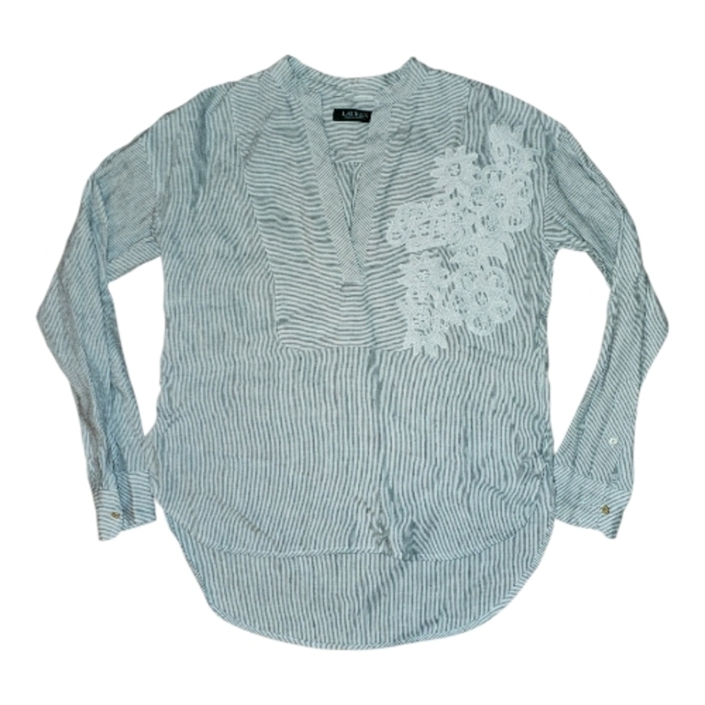 Ralph Lauren Blue & White Striped Lace-Applique V-Neck Tunic Top